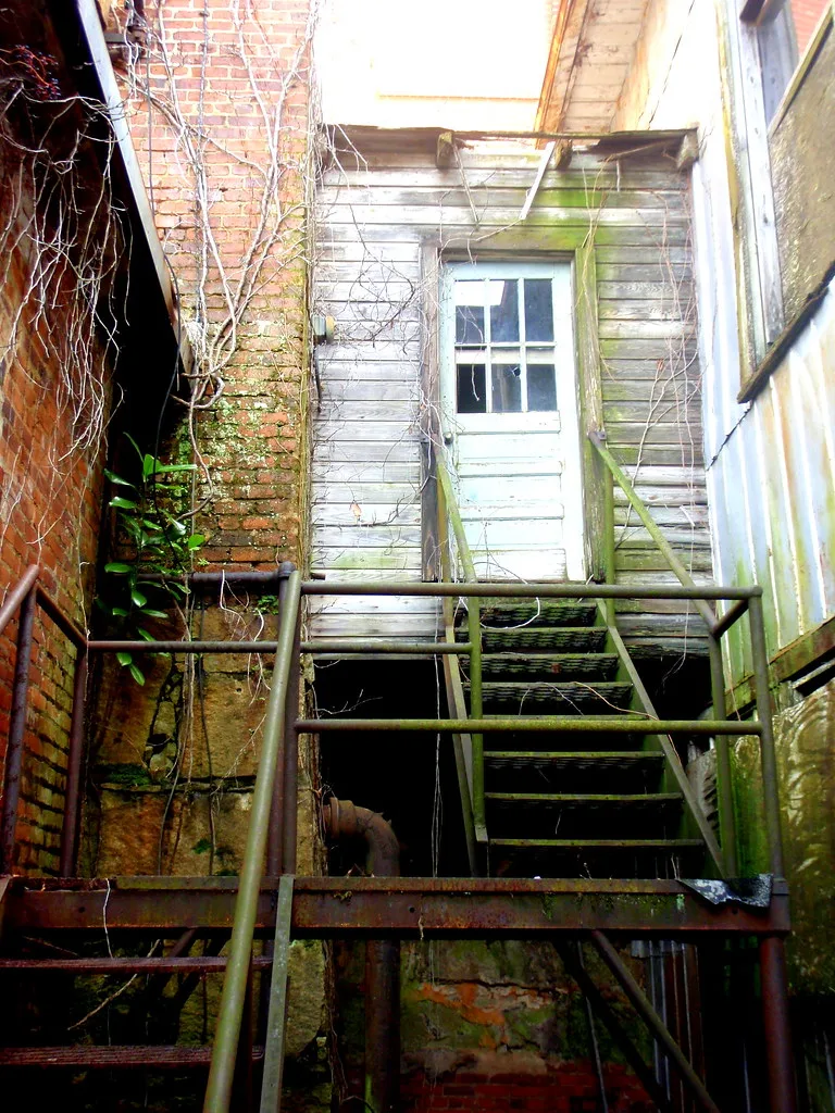 Mossy outdoor stairs in a narrow industrial passage with broken windows.