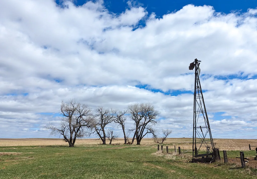 Old windpump tower without blades in a meadow.