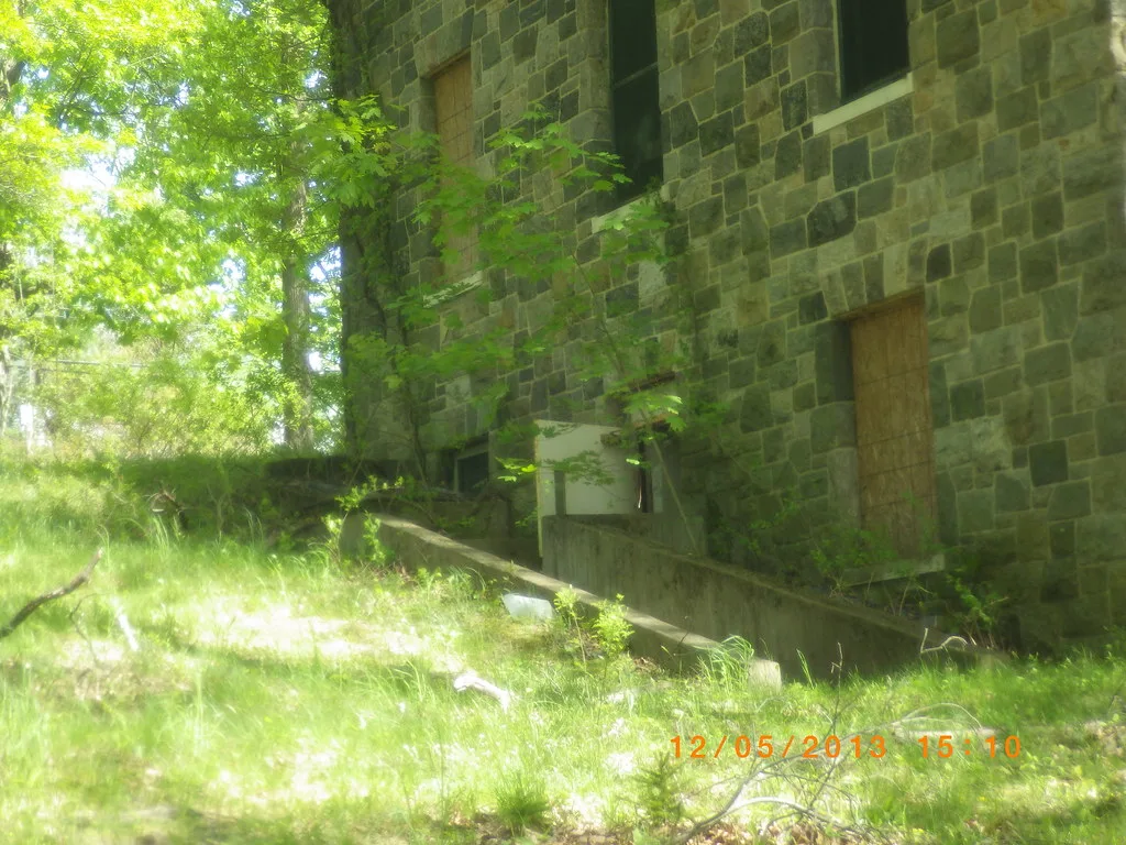 Stone wall of an abandoned building with empty or wood-covered windows behind trees and tall grass.