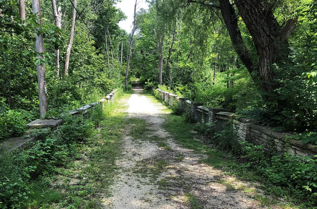 Old bridge with stone parapets along a grassy woodland path.