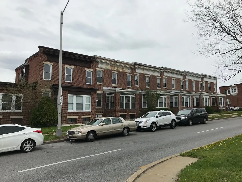Brick rowhouses along The Alameda in Baltimore.