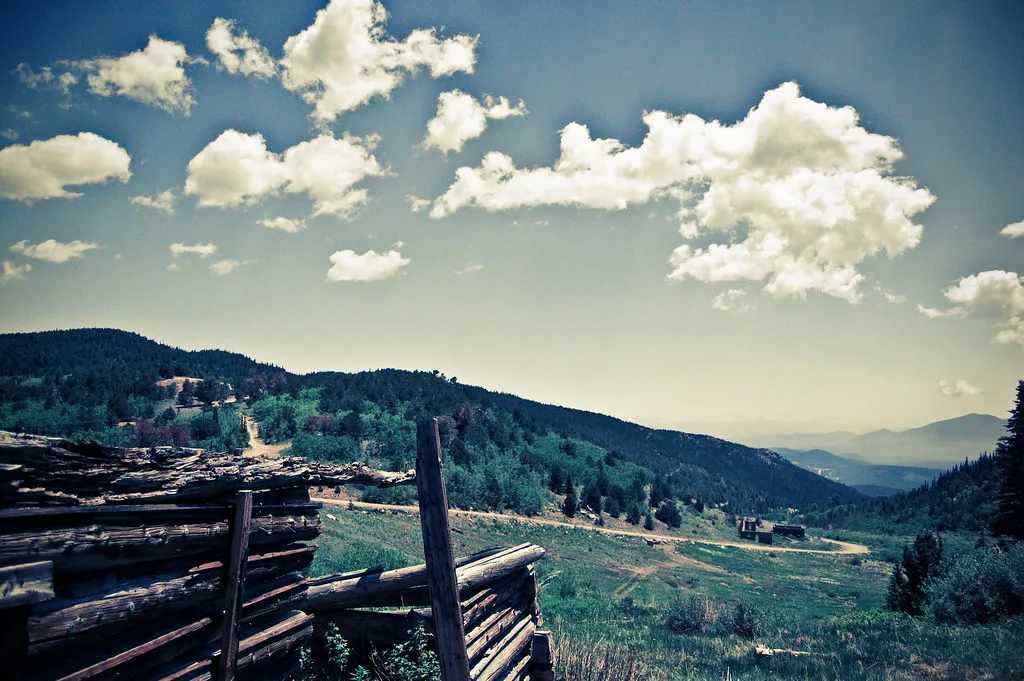 Log cabin remains on a slope facing wooded mountains.