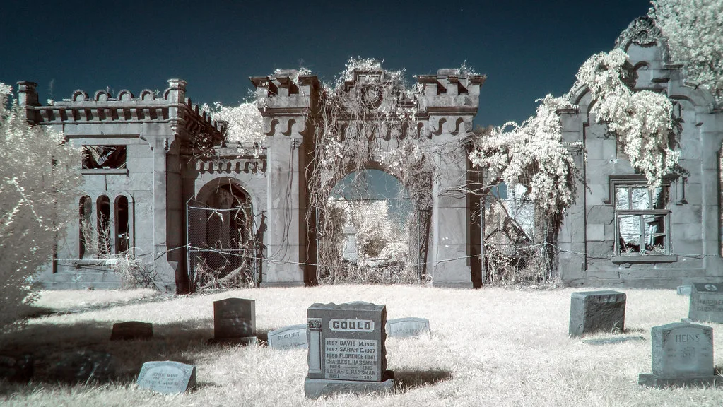 Ruines d’un bâtiment orné d’arches et de créneaux derrière des pierres tombales.