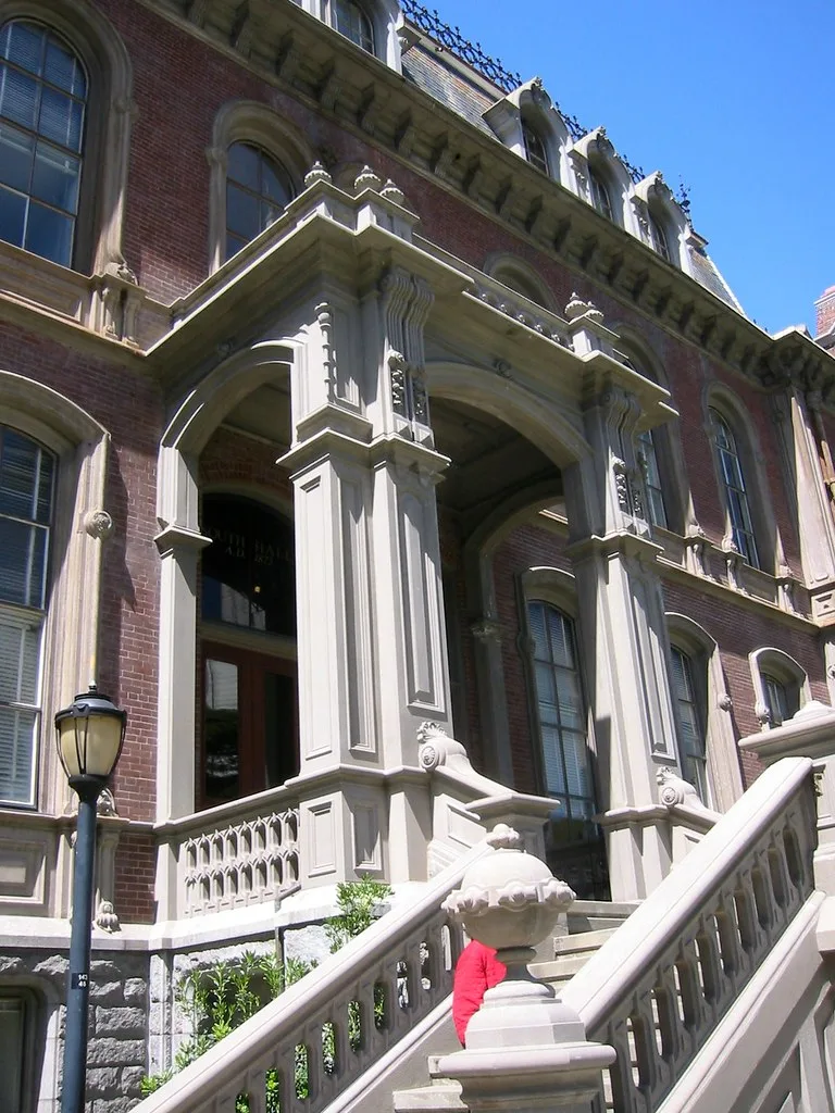 Columned porch and staircase at South Hall.