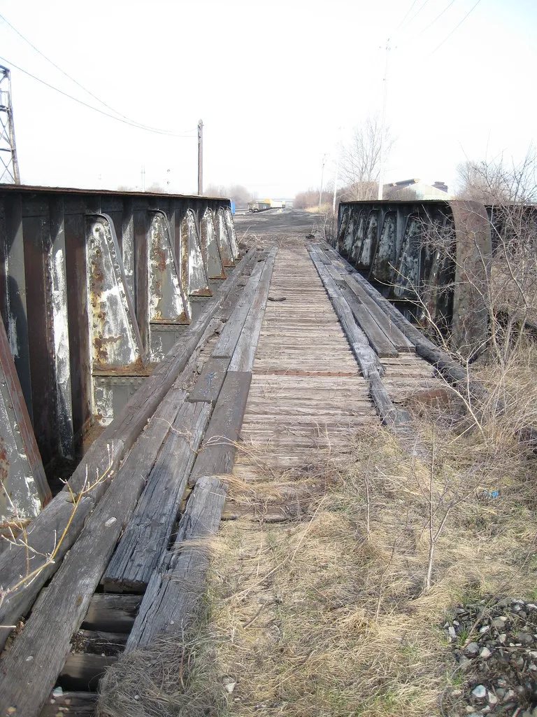 Ancien pont métallique au tablier de bois dégradé et envahi d’herbes.