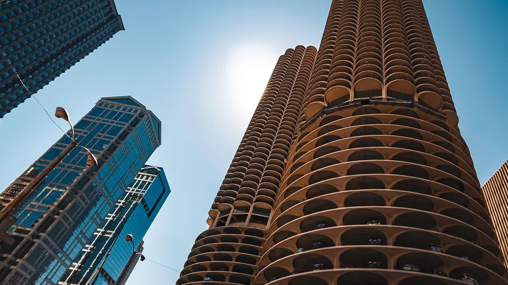 Marina City towers in Chicago viewed from below.