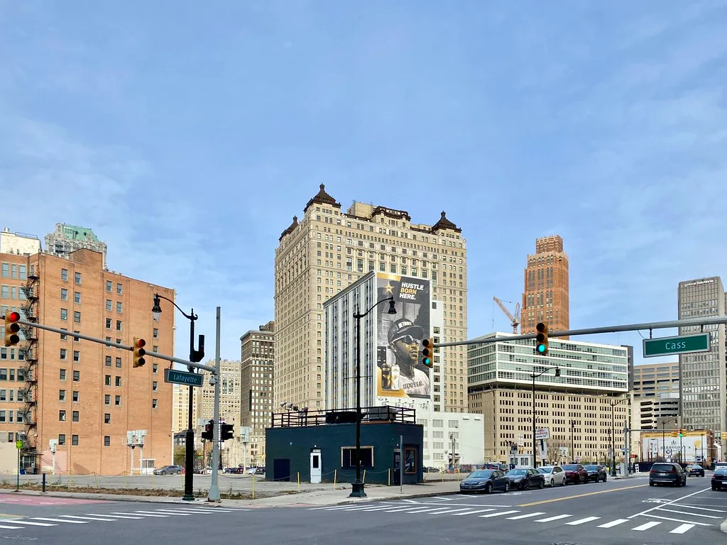 View of downtown Detroit buildings from Lafayette Boulevard, including the Book-Cadillac Hotel.