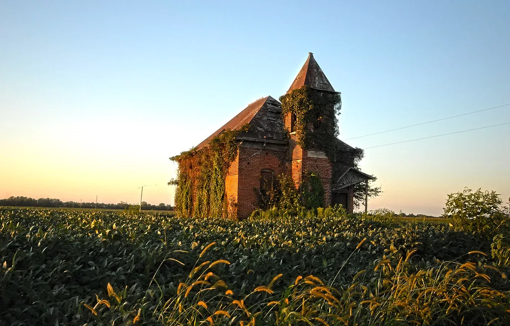 Old brick building with a tower covered in ivy beside a field.