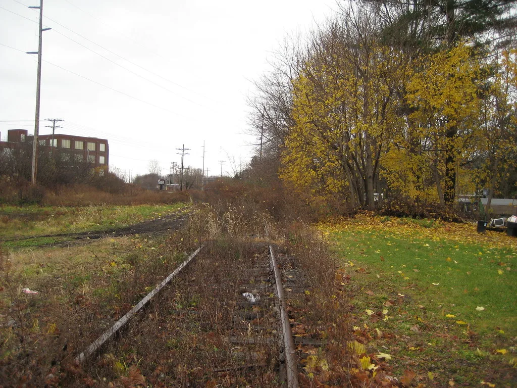 Rusty rails overgrown with grass beside autumn trees.