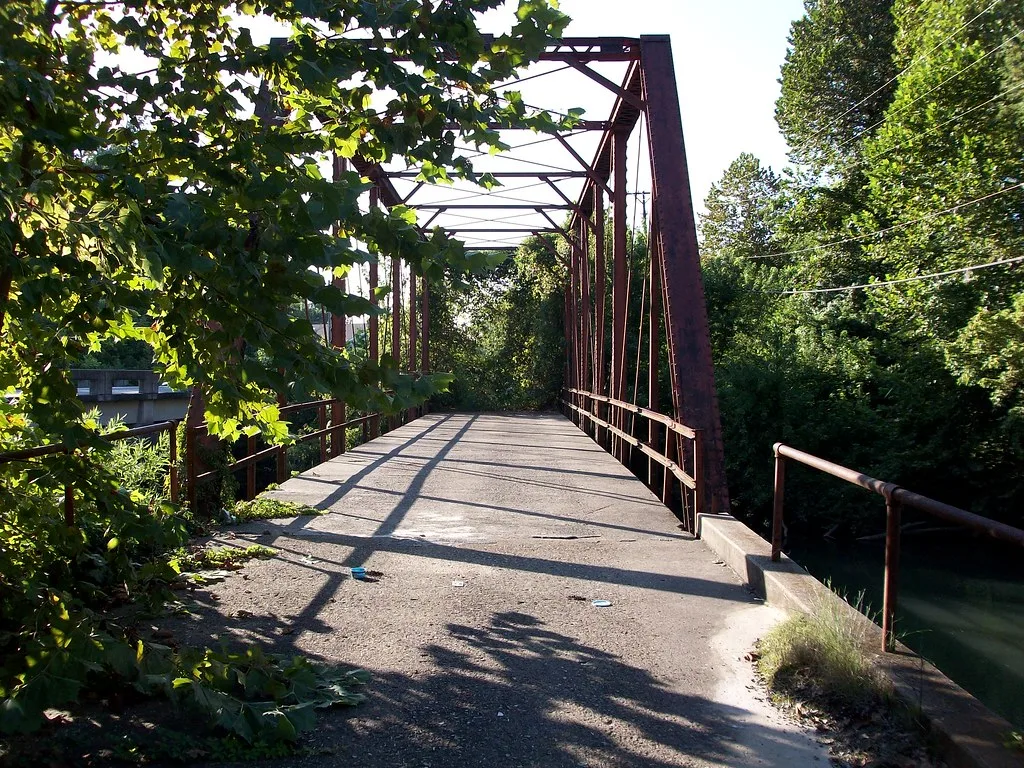 Old metal bridge with its far end disappearing into vegetation.