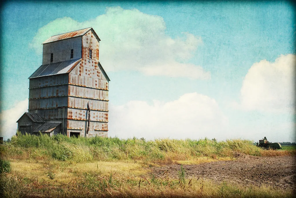 Old grain elevator clad in rusty metal among tall grass.