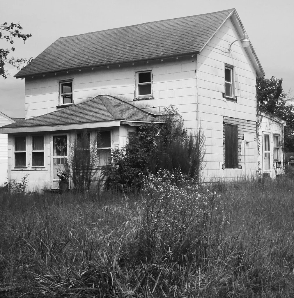 Abandoned house among tall grass, in black and white.