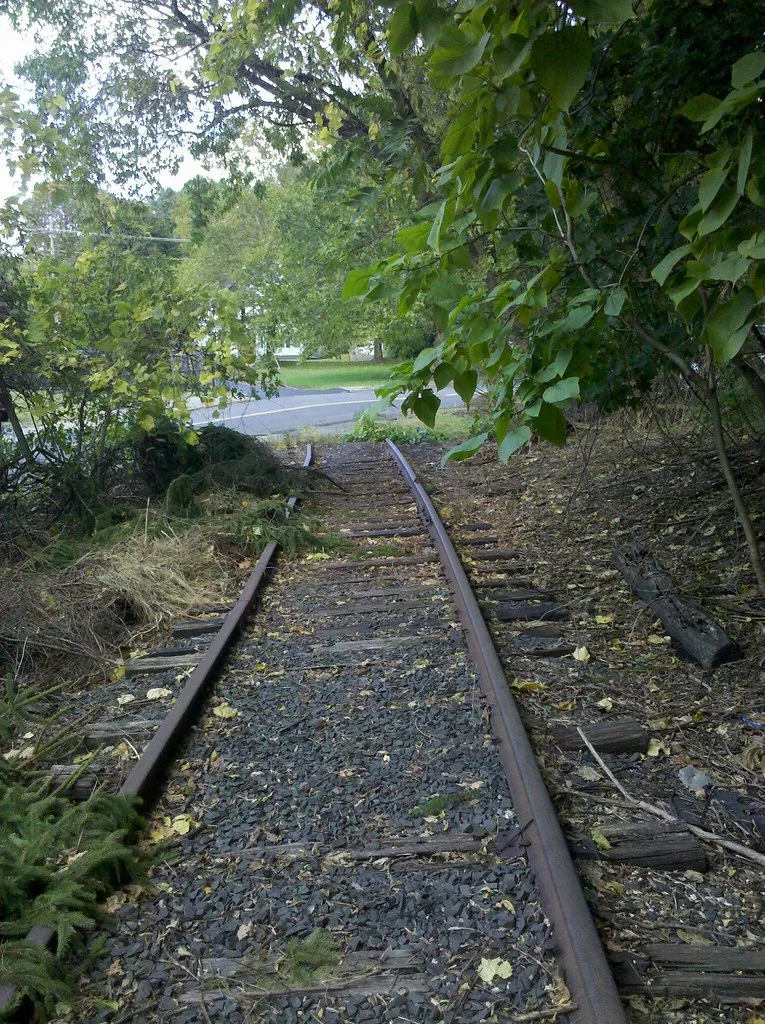Ancienne voie ferrée sous les arbres interrompue au bord d’une route.