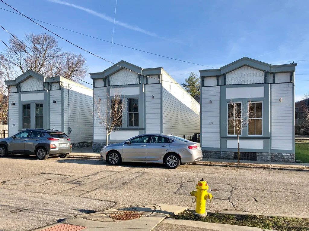 Restored narrow houses of Haver's Shotgun Row in Covington.