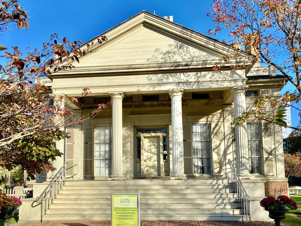 Columned portico of the historic Clarke House in Chicago