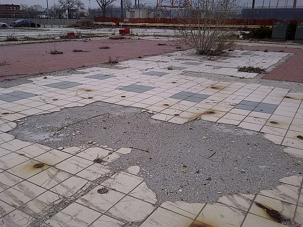Tiled floor of a vanished building with missing tiles, cracks and self-seeded shrubs.