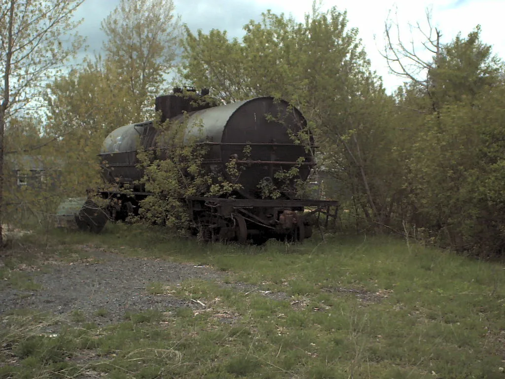 Wagon-citerne abandonné sombre et rouillé, envahi par les arbustes autour du châssis sur une voie couverte d’herbes.