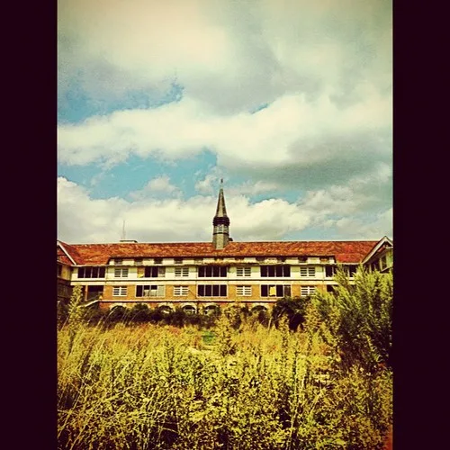 Long neglected building with a red roof and small spire behind tall grass.