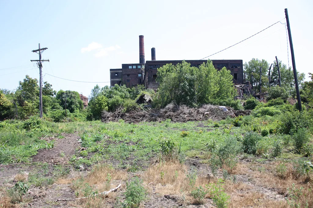 Old brick factory with two chimneys behind an overgrown site.