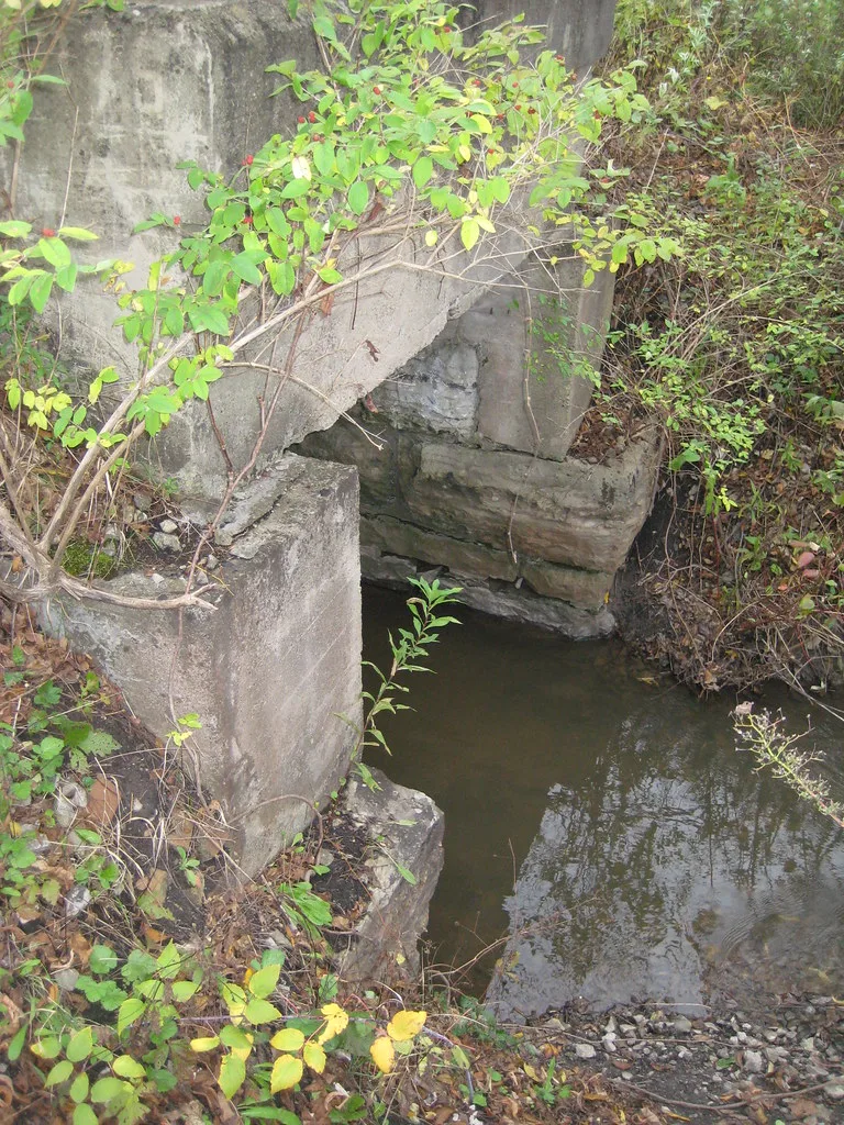 Old cracked and partly broken concrete passage above standing water.