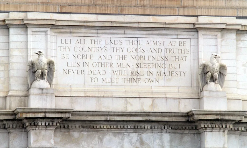 Historic inscription and carved eagles on Washington's Union Station