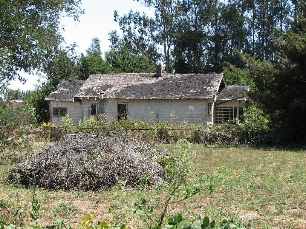 Small pale abandoned house with a deteriorated roof and empty windows behind a scrub-covered fence.