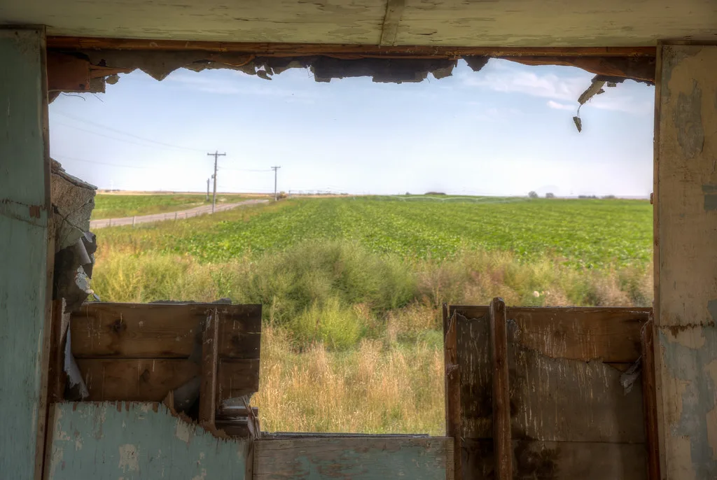 Ouverture béante d’une maison abandonnée aux parois arrachées donnant sur un champ vert.