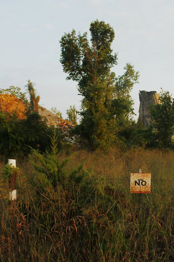 Concrete remains and rubble overgrown with vegetation.