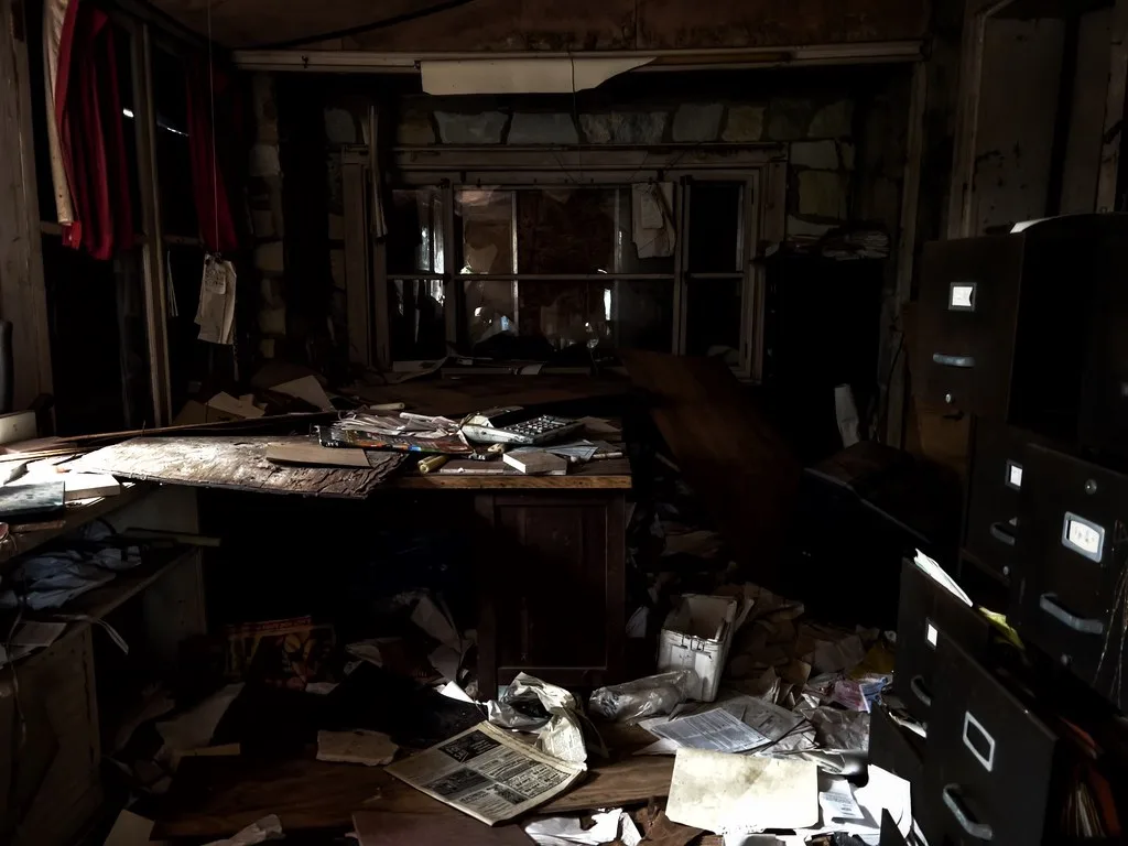Ancien bureau encombré de papiers et de classeurs devant une fenêtre brisée.