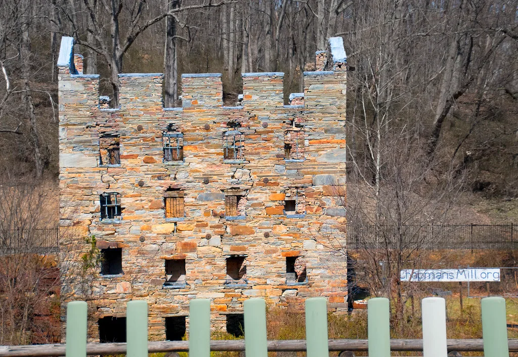 Ruins of a tall stone building with small empty windows in front of woodland.
