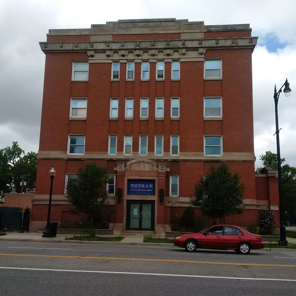 Former brick church building on Irving Park Road