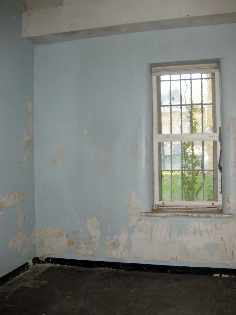 Empty room with peeling blue walls and a barred window.