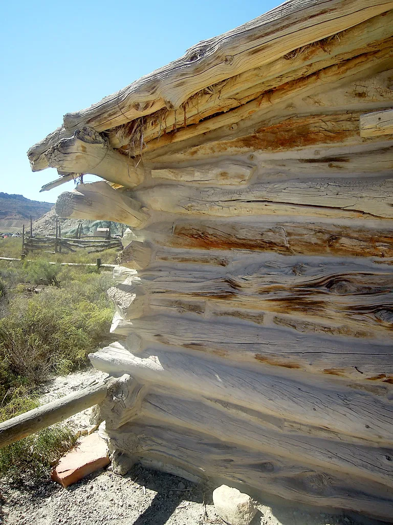 Corner of an old cabin made of cracked logs in arid ground.