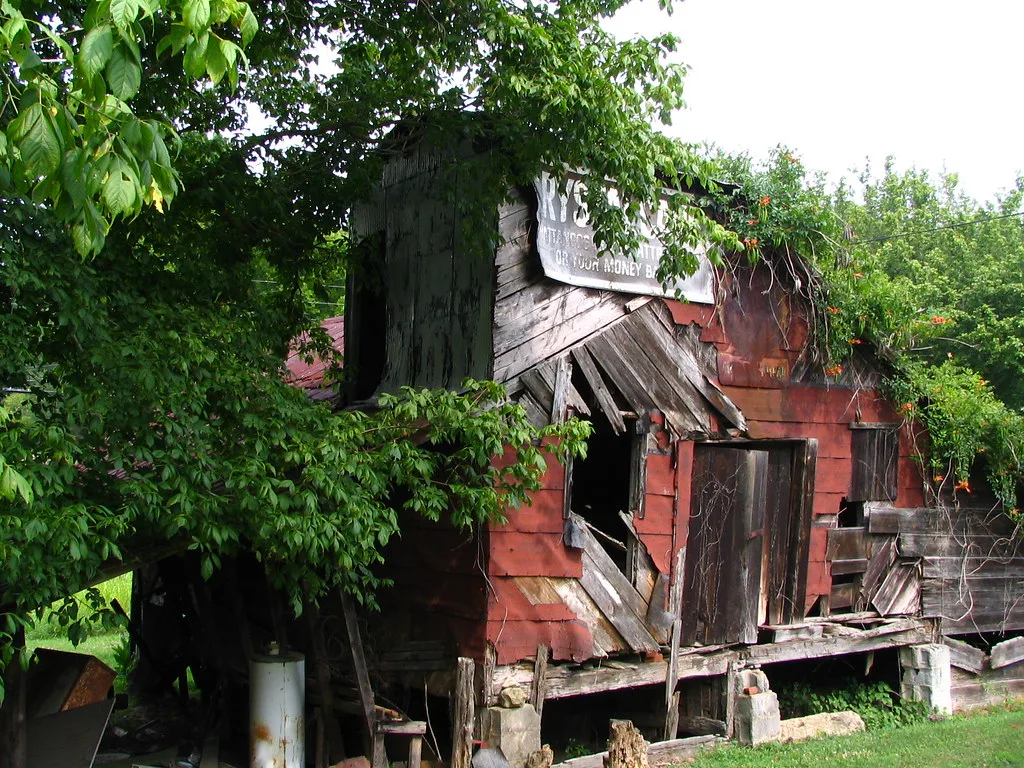 Decaying red barn partly hidden by trees.
