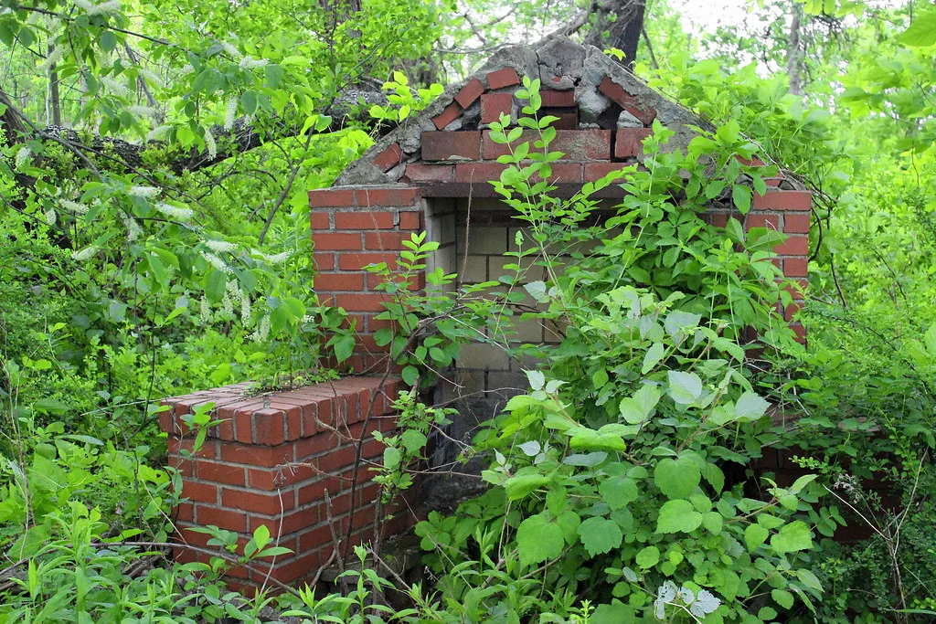 Red brick remnant overgrown with green foliage.