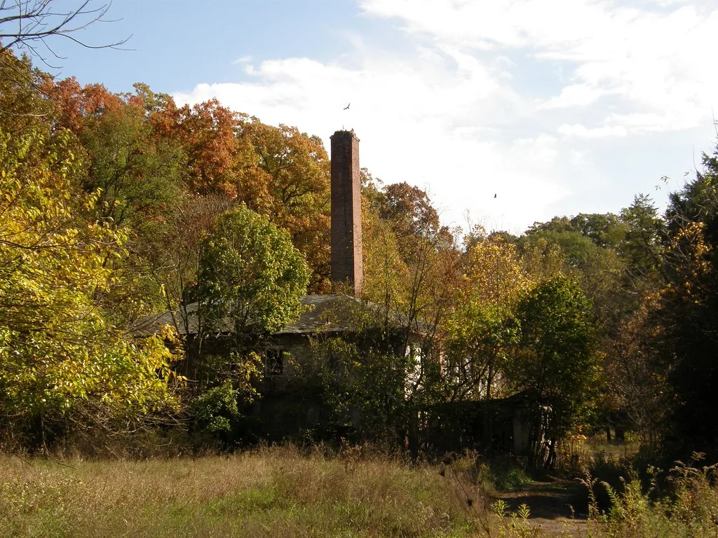 Old building and tall brick chimney overgrown with vegetation.