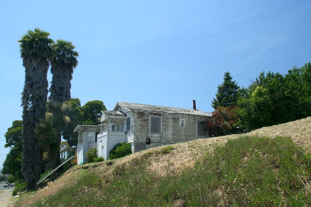 Old white house with boarded windows on a slope near palm trees.