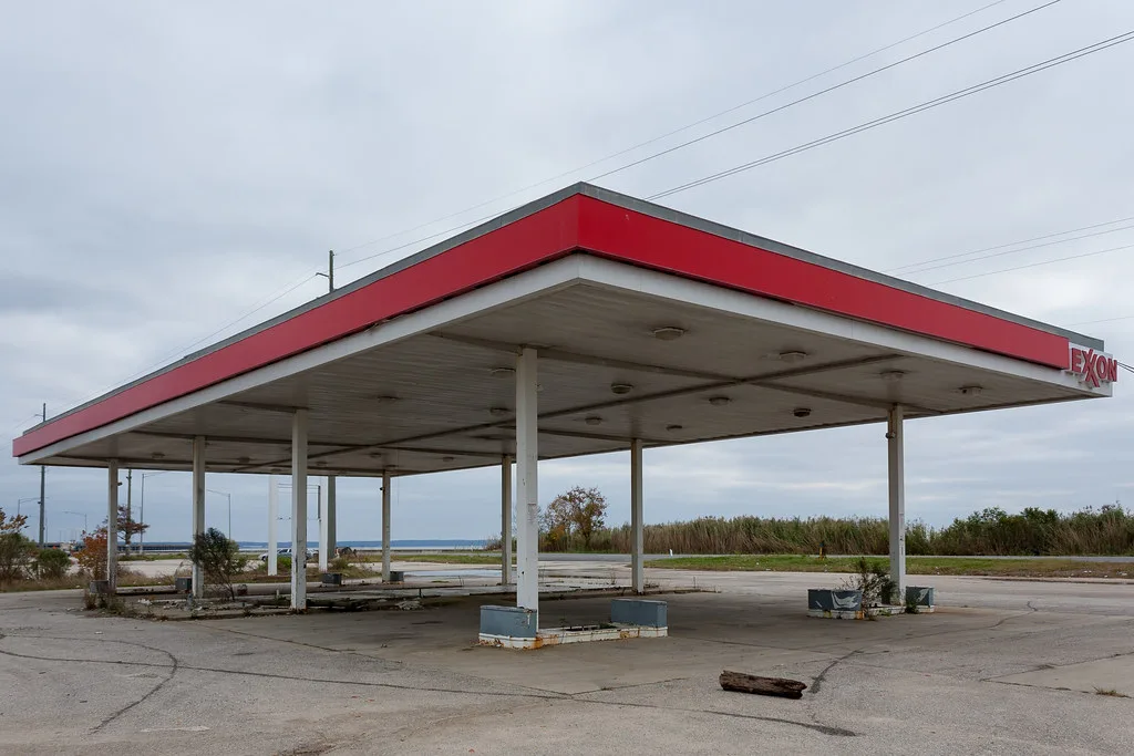 Canopy of an old petrol station with its pumps removed.
