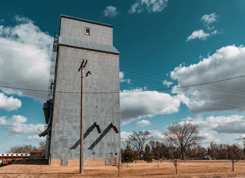 Grain elevator tower in Evansville, Minnesota.