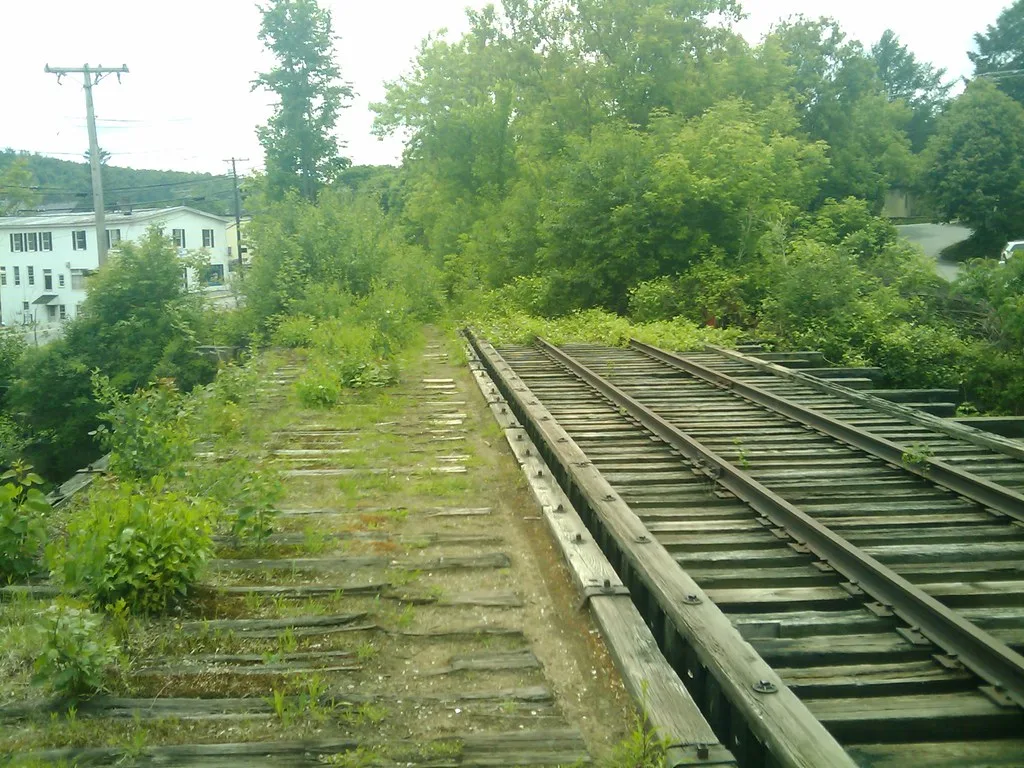 Old railway bridge overgrown with vegetation.