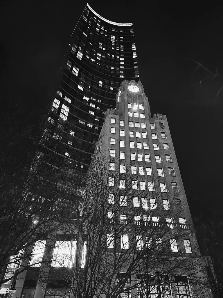 Historic Long Island City Clock Tower at night
