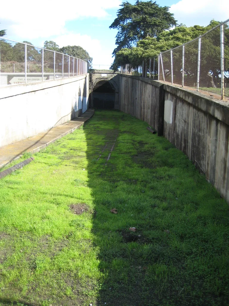 Old railway track overgrown with grass between concrete walls in front of a tunnel.