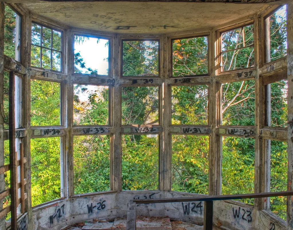 Ancienne pièce en bow-window abandonnée aux vitres manquantes donnant sur une végétation dense.
