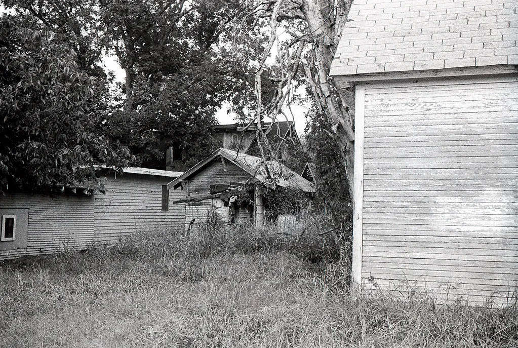 Ancien petit bâtiment de bois délabré dans une cour envahie d’herbes, en noir et blanc.