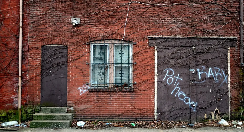 Façade de briques aux portes condamnées et graffitées couvertes de lianes.