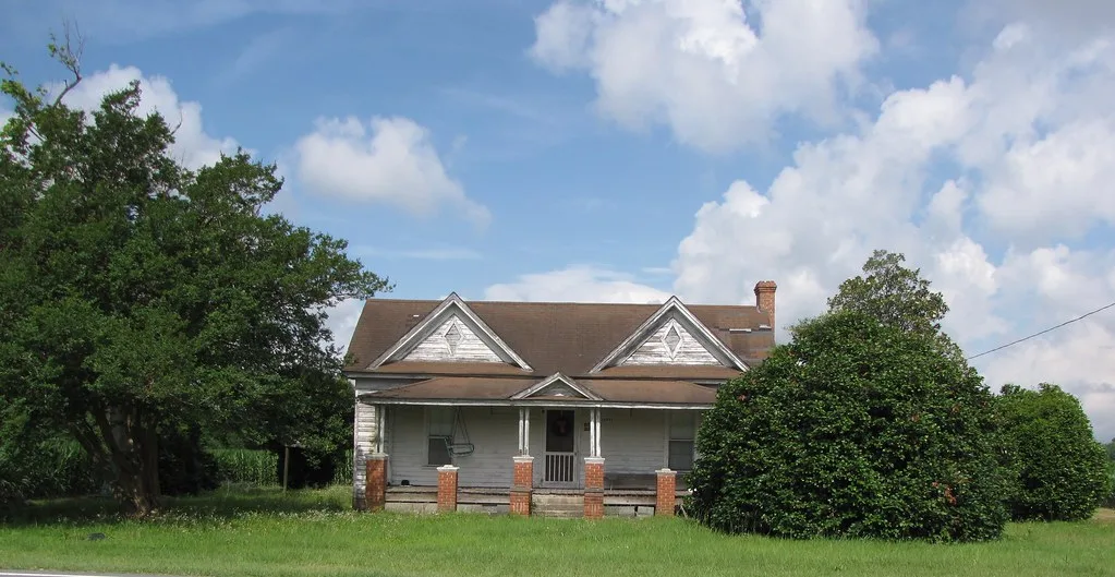 Old white house with closed windows behind grass and large shrubs.