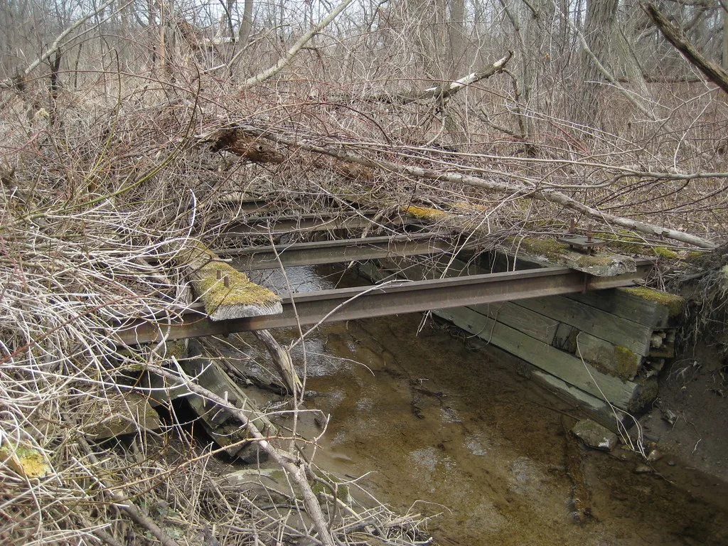 Vestiges d’un petit pont métallique envahis de branches au-dessus d’un ruisseau.