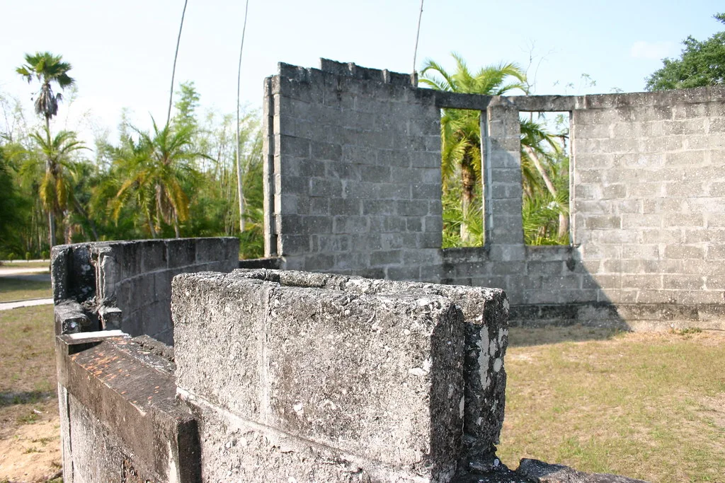 Ruined concrete block walls with a window opening and palm trees.