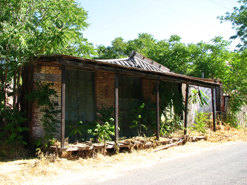 Old brick building with closed doors and a sagging sheet-metal porch behind encroaching plants.