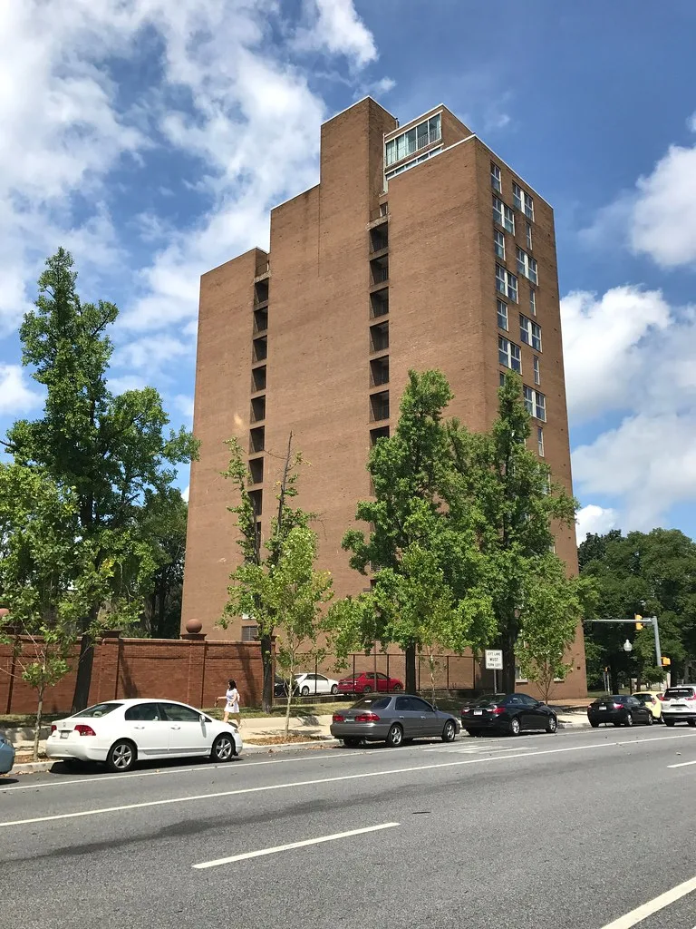 Modernist Dell House tower on North Charles Street in Baltimore